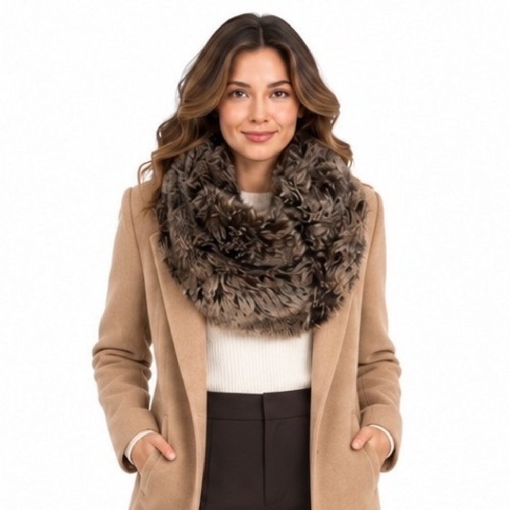 Ann Taylor Faux Fur Infinity Scarf Brown Black Plush Winter Loop Chic 119-00
